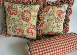 Vintage Custom Pillows Set Of 3 Floral & Red Gingham 2 18 " Throws & 1 Bolster
