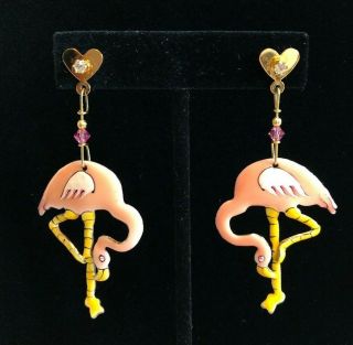 Vintage Signed Lunch At The Ritz Earrings " Fancy Flamingos " Pierced Rare