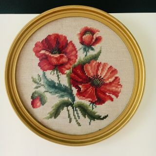 Red Poppy Floral Needlepoint Vintage Framed Wall Decor Gold Frame Boho