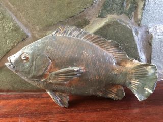 Large Vintage Hand Made Signed Painted Plaster Fish Hanging Wall Sculpture