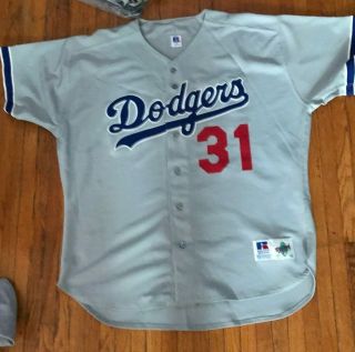 Mike Piazza Russell Athletic Authentic Los Angeles Dodgers Grey Jersey 52 Mets