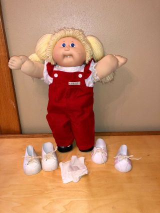 Vintage Cabbage Patch Kid 16” Cpk Doll Blonde Hair Blue Eyes Pigtails Tooth