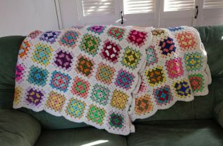 Vintage Handmade Crochet Afghan Throw Blanket Granny Square Multicolor 54” X 60 "