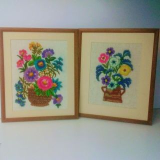 Vintage Crewel Framed Set Of Two Floral Embroidery 70s Wall Decor