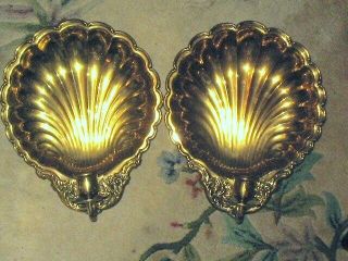 Two Large Vintage Brass Clam Shell Scallop Candle Wall Sconces 14 X 11.  5 Inches