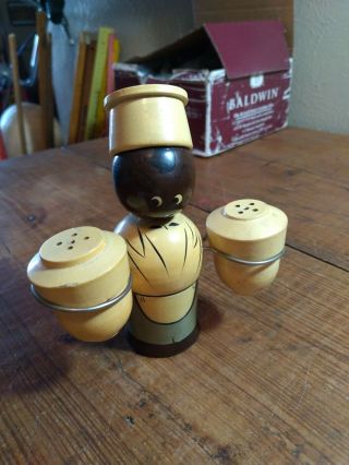 Vintage Black Americana Chef Salt & Pepper Shaker Set Wooden Japan Made 5 Inches