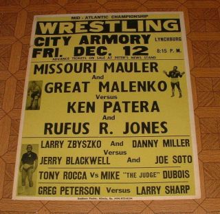Mid Atlantic Wrestling Poster Ken Patera Rufus R.  Jones Va 1975 Nwa