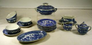 Vintage Blue Willow Japan Childs Dishes Plates Cream Sugar Platter Covered Dish