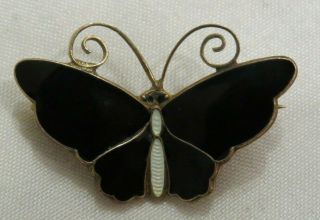 David Andersen Norway Sterling Butterfly Brooch Pin Guilloche Enamel Black Vtg