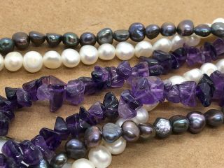 Vintage Sterling Silver Three Strand Pearl Amethyst Necklace 18 "