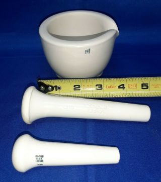 Vintage Porcelain Coors Mortar Bowl (520 - 1) And Pestle (522 - 00) & (06) Lab Glass