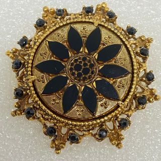 Signed Florenza Vintage Flower Brooch Pin Black Glass Rhinestone Costume Jewelry