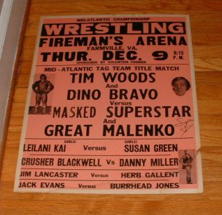 Mid Atlantic Wrestling Poster Masked Superstar Tim Woods Signed Nwa 1976 Va