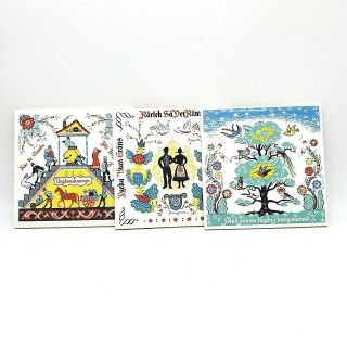 3 Pc.  Vintage Berggren Swedish Folk Art Tiles Trivets Decor Blessing Luck Family