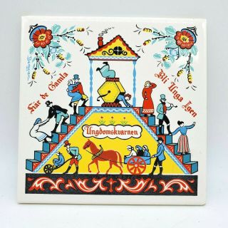3 Pc.  Vintage BERGGREN Swedish Folk Art Tiles Trivets Decor Blessing Luck Family 2