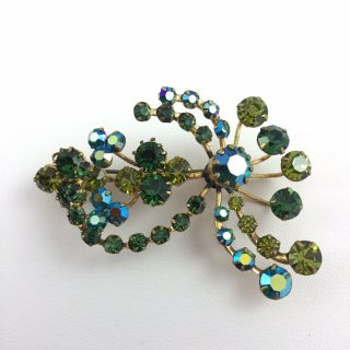 Vintage Rhinestone Flower Brooch Pin Made In Austria Signed Floral Green