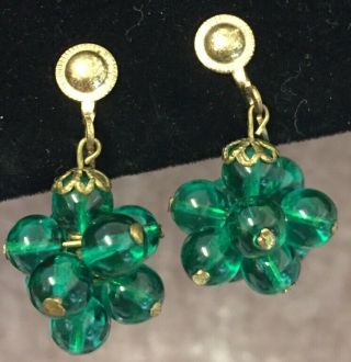 Vintage Art Deco Jewellery Gorgeous Green Glass Cluster Pendant Earrings Screws