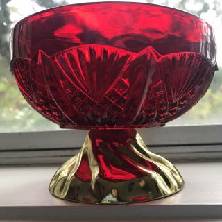 Ruby Red Vintage Pressed Glass Bowl Gold Tone Metal Stand Art Deco Fan Pattern