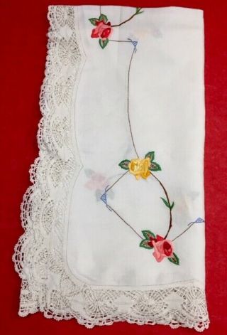 Vintage Hand Embroidered Square Floral Lace Edged Linen Table Cloth - 140cm