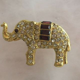 Vintage Elephant Clear Crystal Rhinestone Purple Bar Gold Tone Brooch Pin Lapel