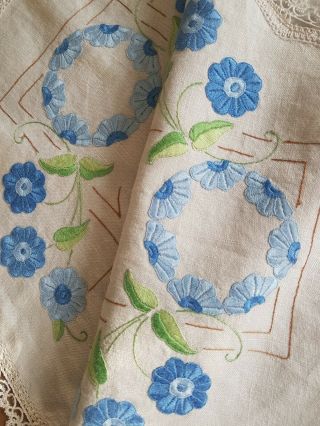 Stunning Vintage Linen Hand Embroidered Blue Art Deco Flower Centrepiece Doily