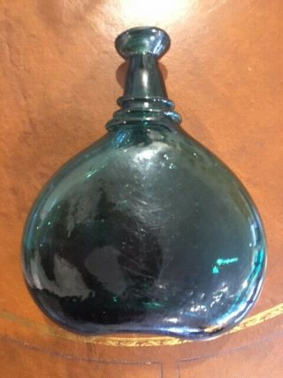 Vintage Persian Hand Blown Green Glass Saddle Flask Bottle