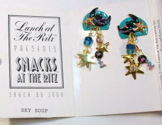 Signed Lunch At The Ritz Vtg " Sky Soup " Pierced Earrings - Stars Moons Beads