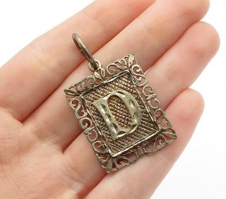 925 Sterling Silver - Vintage Shiny Etched D Initial Square Pendant - P10111