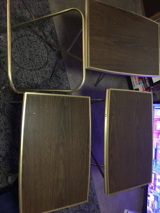 3 Vtg Faux Wood Metal Tv Trays With Rolling Stand Retro Mid Century Modern Mcm