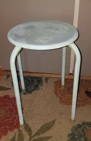 Vintage Shabby Chic Distressed Tall White Metal Stool,  Table,  Plant Stand