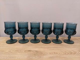 6 Vintage Indiana Wine Glass Smoke Blue Kings Crown Thumbprint 5 3/4 " Goblets
