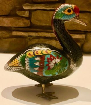 Vintage Chinese Cloisonne Duck Statue 6 3/4 " Handmade Colorful Floral Bird