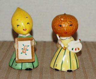 Vintage Anthropomorphic Salt & Pepper Shakers Fruit Lemon & Orange Napco