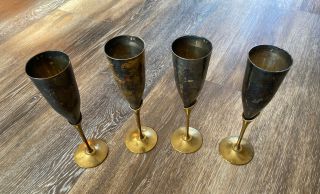 Vintage Brass Silver Plated Metal Champagne Flute 9.  25” Made In India Set Of 4