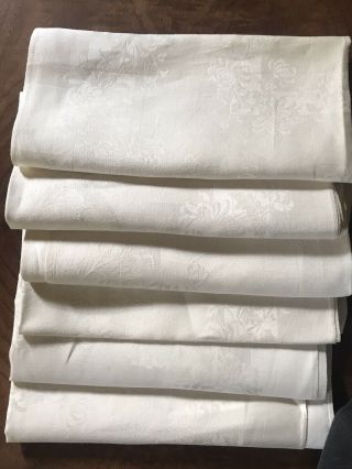6 Vintage White Linen Damask X - Large Dinner Napkins - 21x21 Inch Square.