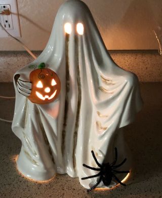 Vintage Ceramic Halloween Lighted Ghost Hand Painted Jack O 