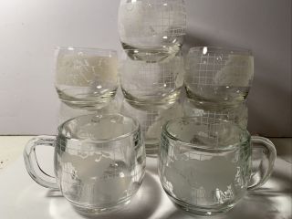 Vintage 1970 Nestle Nescafé Clear Glass Globe World 2 Cup Mug & 8 Water Glass