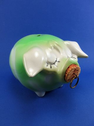 Vintage 1957 Corky Pig Hull Hp Ceramic Piggy Bank Rare Green Color Cork