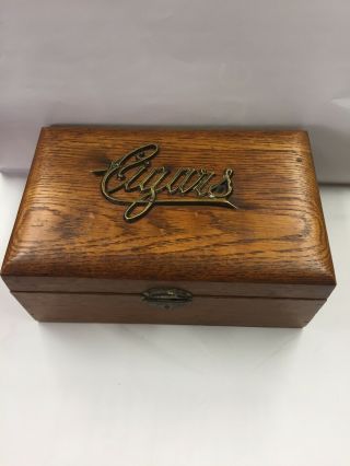 Vintage Wooden Cigar Box Tin Lined Humidor Brass Cigars Logo