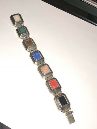 Vintage Mexican Sterling Silver Multi Color Stone Link Bracelet 7 1/2 "