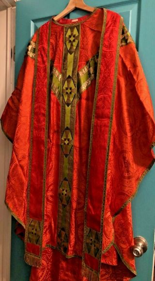 Gorgeous Vtg Catholic Priests Red Green & Gold Brocade Chasuble & Stole France