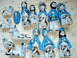 Vintage Tonala? Mexican Folk Art Pottery 14 Pc.  Blue Nativity Set Creche - Owls