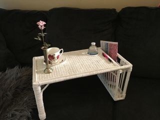 Large Vintage White Wicker Rattan Bed Lap Tray With Cupholder & Side Basket