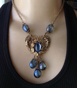 Vintage Necklace Art Nouveau Revival Angel Fairy Pendant Blue Raindrop Glass