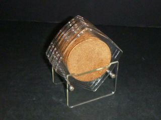 Set Of 6 Vtg Mid Century Mod Clear Lucite & Cork Drink Coasters & Caddy