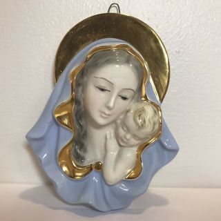 Vintage Hand Painted Porcelain Madonna & Child Wall Plaque Made In Italy