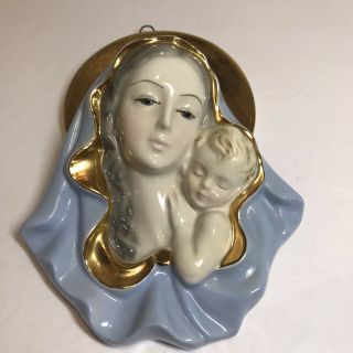 Vintage Hand Painted Porcelain Madonna & Child Wall Plaque Made in Italy 2