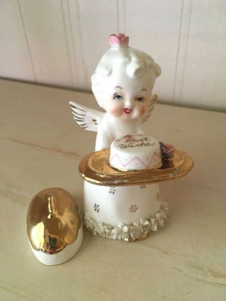 Vintage Napco Angel Figurine Holding Cake " Best Wishes " Message Porcelain 4 " Tall