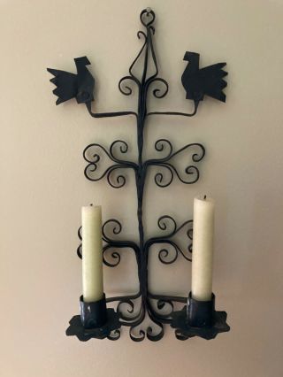 Vtg Primitive Black Hand Wrought Iron Double Candle / Sconce W/ Scrolls & Birds