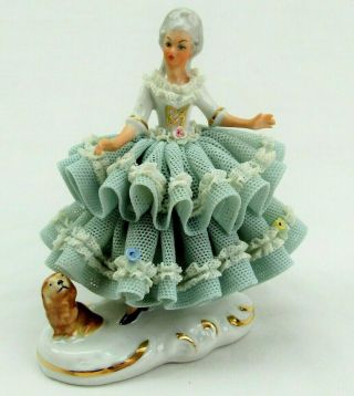 Vintage Dresden Porcelain Lace Lady In Ruffled Dress With Dog 4 1/2 "